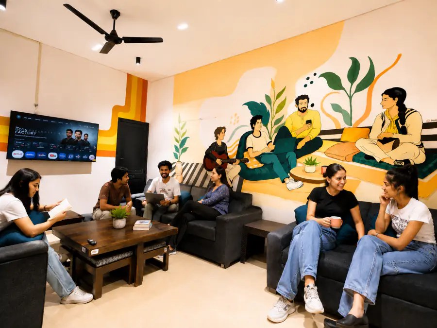 Guests relaxing together in the HOSHTEL99 Delhi common lounge